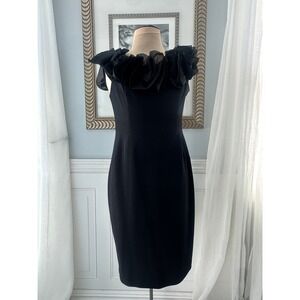 Aidan Mattox Black Ruffled Off Shoulder Rosette Sheath Dress Cocktail Party